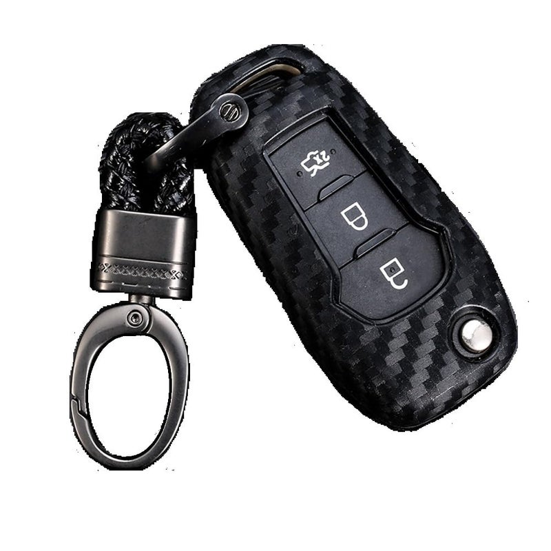 ROYALFOX(TM 2/3 Buttons flip Remote Key Fob case Cover for 2015 2016 2017 2018 2019 Ford F150 F250,Focus 3 Escort Kuga Everest Fiesta Mustang Edge MKV Fusion 2016 Ranger (Silicone Carbon Fiber) - Image 1